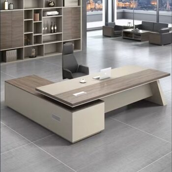مكتب مدير مودرن على شكل حرف L – خشب عالي الجودة مع وحدة جانبية