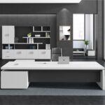 مكتب تنفيذي خشبي أبيض على شكل حرف L