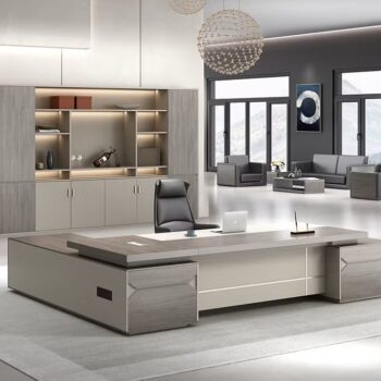 مكتب تنفيذي خشبي أبيض على شكل حرف L